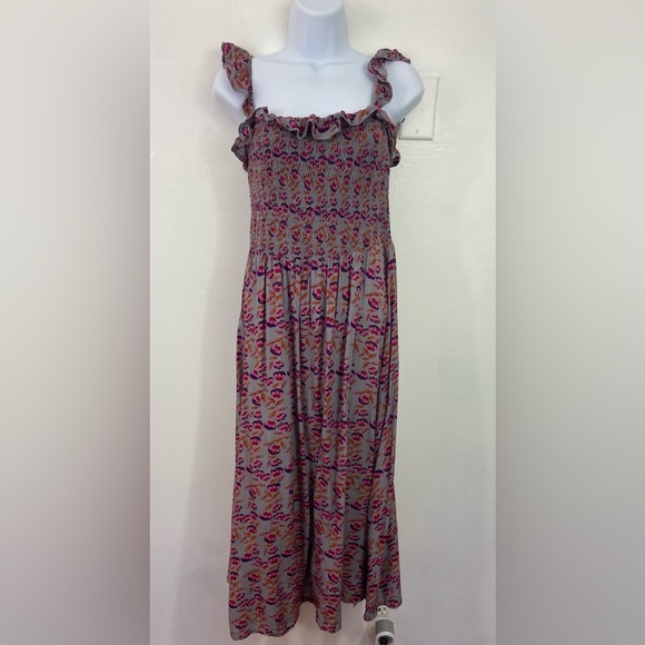 Natural Life Smocked MIDI Dress Ruffle Floral Sz M Side Slit Sun Beach Festival - Picture 1 of 8